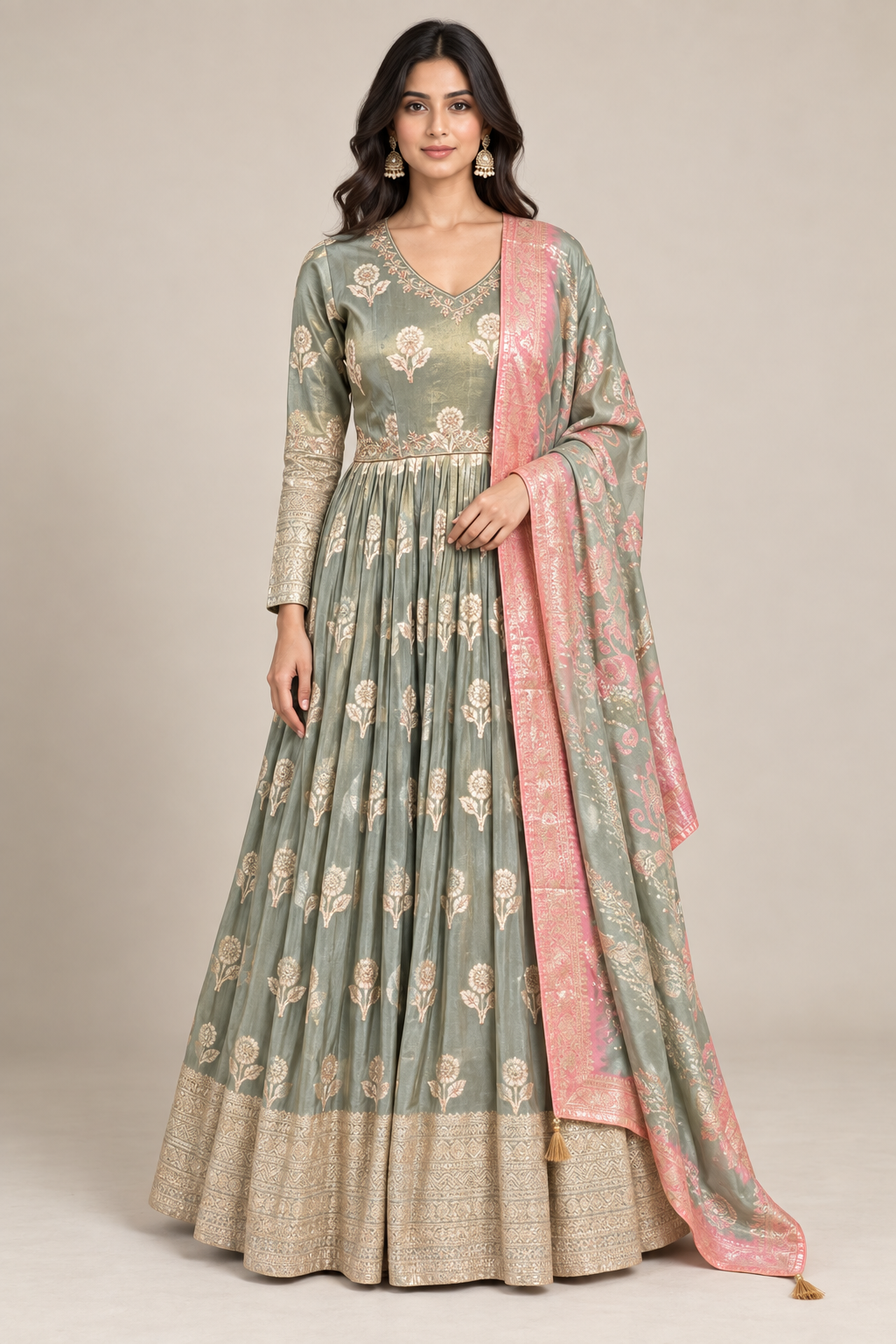 Sage Green Brocade Silk Anarkali Set